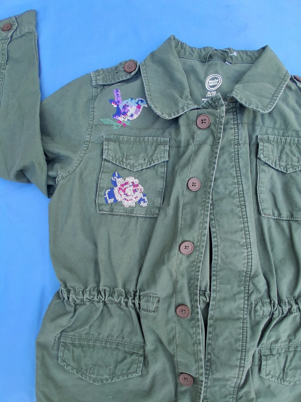 wonder nation Olive Green Utility Jacket with Floral Embroidery Girls 14/16